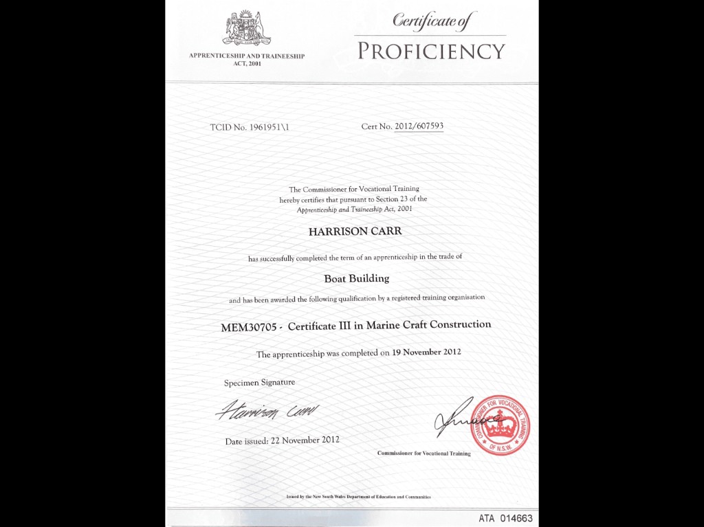 Certificate of Proficiency — Boat Building, Harrison Carr