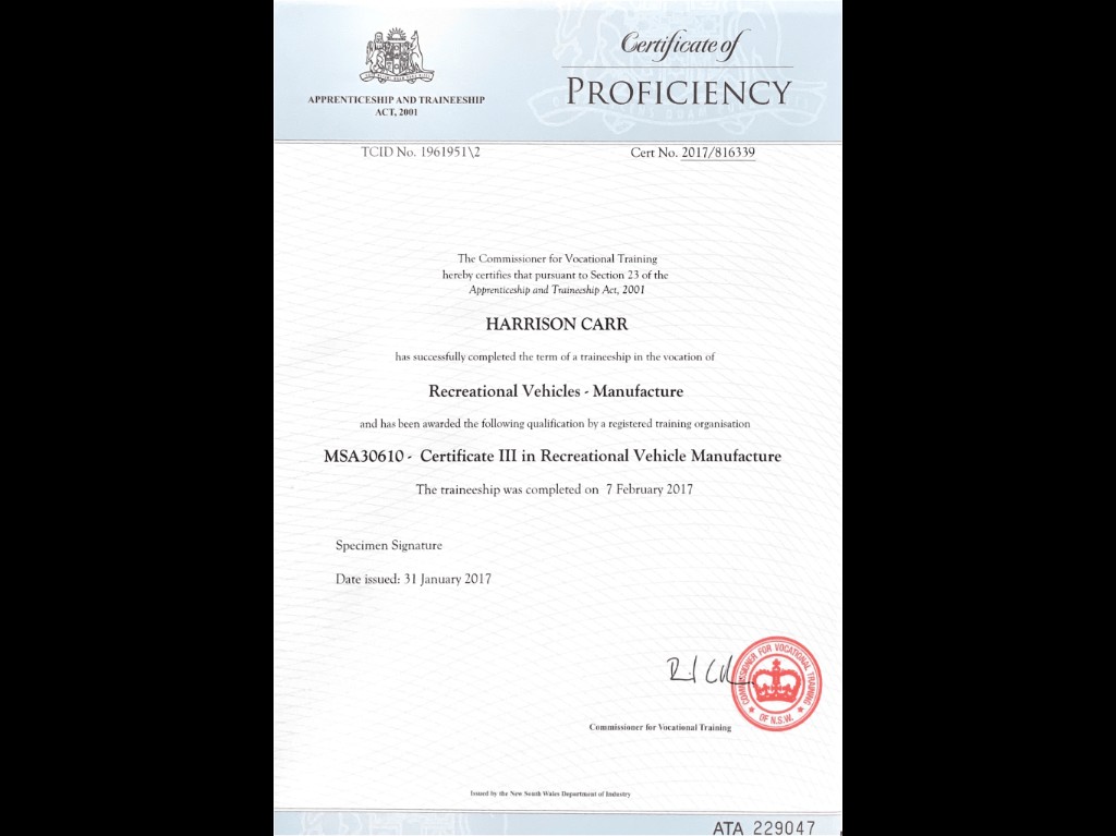 Certificate of Proficiency — Recreational Vehicles Manufacture, Harrison Carr